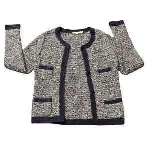 Boden Navy and Cream Tweed Open-Front Knit Blazer